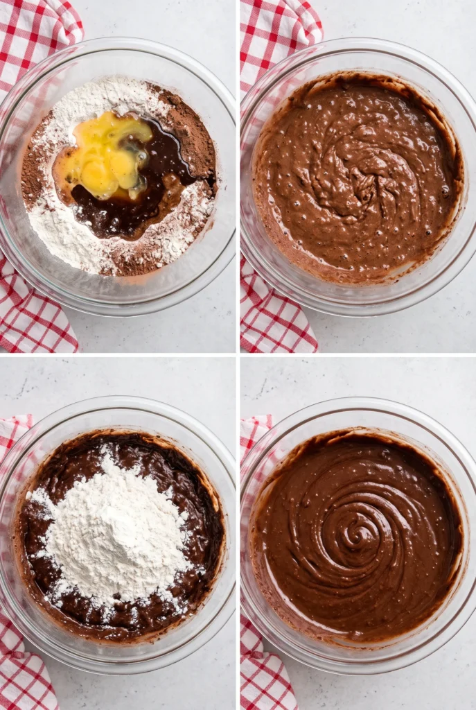 Two images showing dry ingredients being added to an easy Gingerbread Cake recipe, and after the batter is finished.