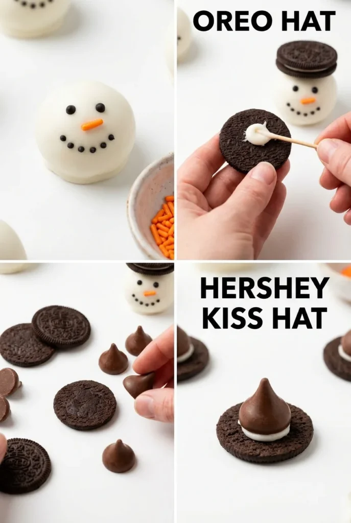 Decorating snowman oreo balls.
